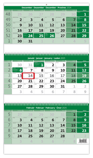 Tříměsíční kalendář zelený se spirálou a se jmenným kalendářiem - Reklamnepredmety