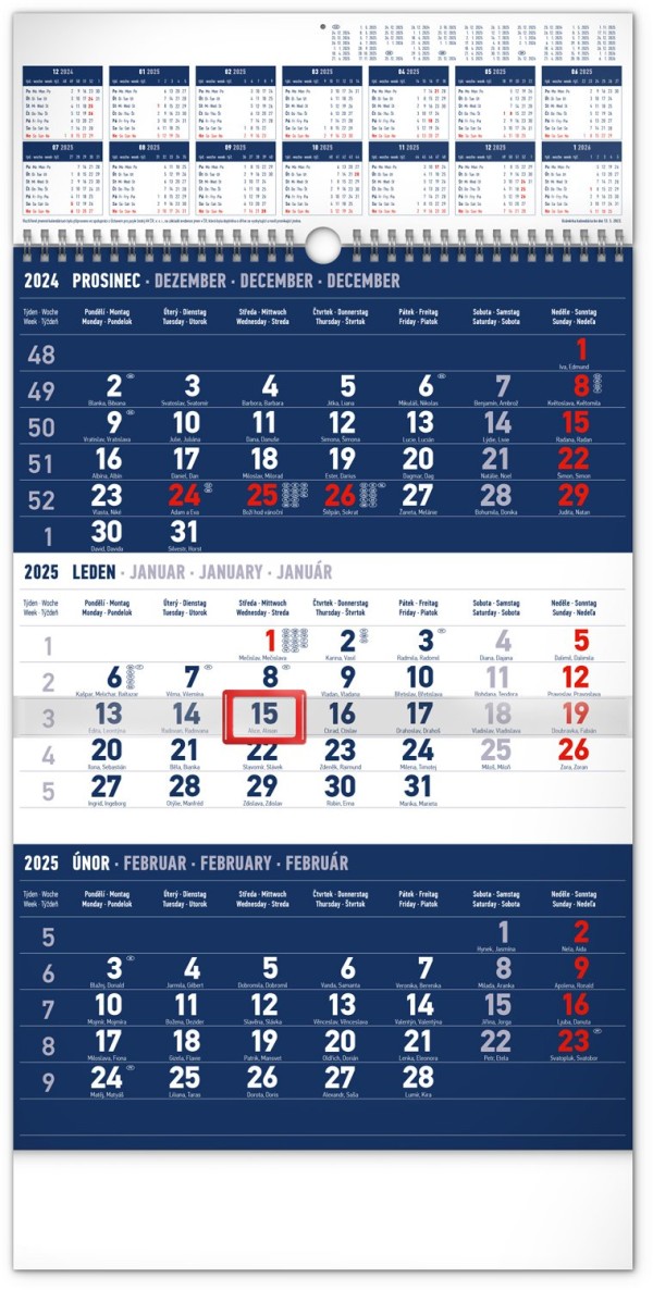 Nástěnný kalendář 3-měsíční standard s ročním přehledem 2025, 29,5 × 43 cm